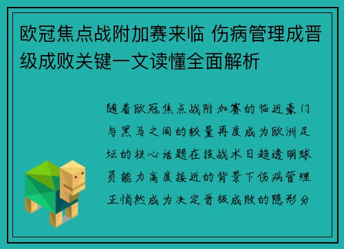 欧冠焦点战附加赛来临 伤病管理成晋级成败关键一文读懂全面解析